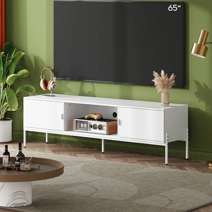 WLIVE 58" TV Stand for 65 Inch TVs, Mid Century Modern Entertainment Center with 2 Storage Cabinets & Open Shelf, Media Console Table with Metal Legs for Living Room, Bedroom, White - color: White