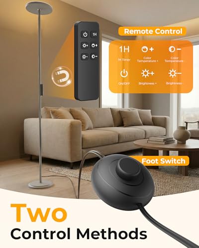 Floor Lamp for Bedroom,69" Tall Standing Lamp Remote & Foot Switch with 1H Timer, 2700-6500K Stepless Dimmable Modern Pole Light for Bedroom, Office, Reading, Sliver - color: Silver