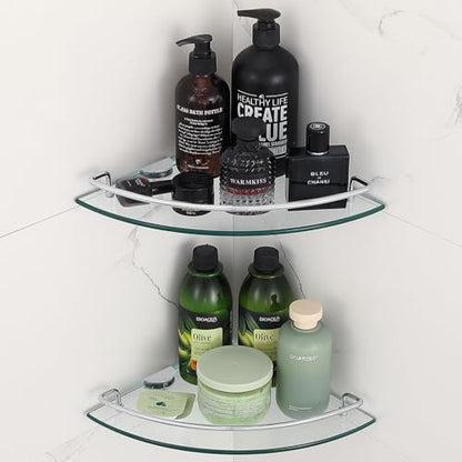 2 Ties Glass Corner Shelf with SUS 304 Stainless Steel Rail Chrome Finished, Esquinero para baños, Rustproof Tempered Glass Shelf, Shower Caddy Organizer 9.8" x 9.8" - size: 2 PACK With Rail