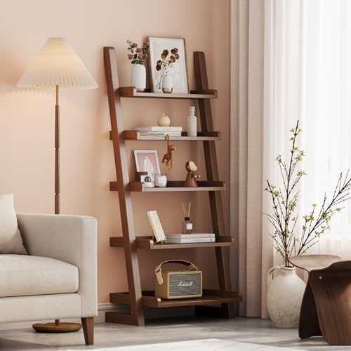 AQIMUELE Walnut Wooden Ladder Shelf with Edges, 5-Tier Modern Leaning Bookshelf Ladder – Stylish Space-Saving Bookcase for Living Room, Bedroom & Home Office - color: Walnut