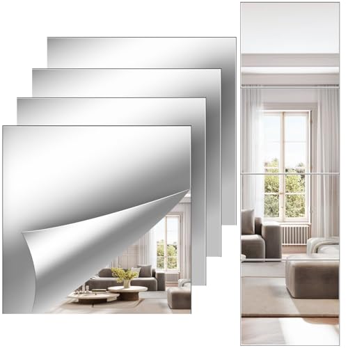 Full Length Wall Mirror Tiles, 12'' x 14'' x 4PCS, Acrylic Unbreakable Full Body Mirror for Bedroom Squares Shatterproof Mirror Sheets Wall Mounted for Home Gym Door - size: 12x14Inchx4Pack