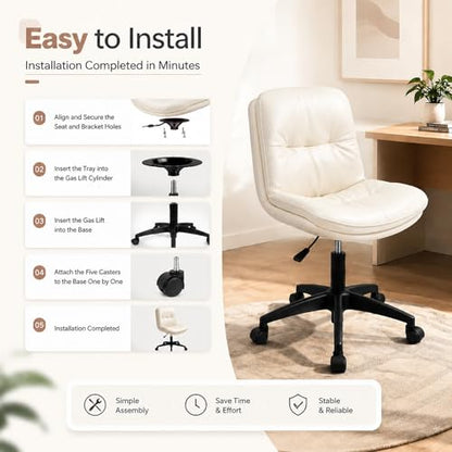 Vanity Chair with Back, Armless office Chair with wheels and Lumbar support, Comfy PU Leather Desk Computer Chairs with Adjustable Height, 360°Swivel for Home Office, Computer Desk & Vanity Beige - color: White