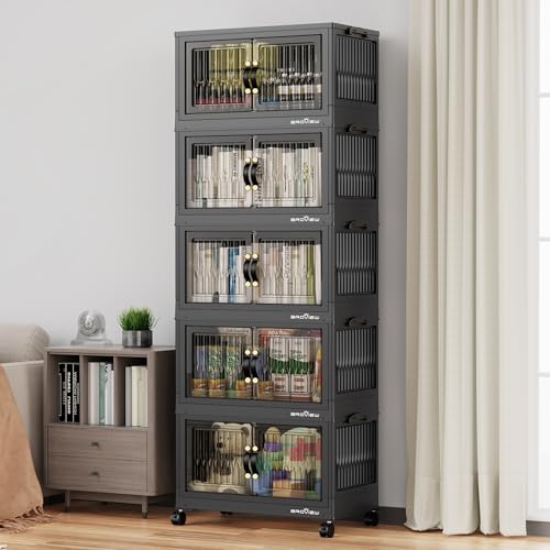 BROVIEW 300Qt Stackable Storage Bins with Lid for Home Dorm, 5Pack Black | Closet Organizers, Foldable & Collapsible Cabinets, Large Containers, Wheels & Magnetic Doors, Plastic Drawers for School - color: Black, size: 60QT-5Pack
