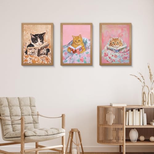 OVQJZIS 3 Piece Cozy Cats Reading Books Oil Painting, Natural Oak Wood Grain Gallery Frame, Whimsical Kitten Wall Art for Bedroom & Reading Nook, Each piece12 x 16 inches - color: Whimsical Kitten
