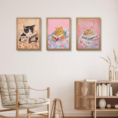 OVQJZIS 3 Piece Cozy Cats Reading Books Oil Painting, Natural Oak Wood Grain Gallery Frame, Whimsical Kitten Wall Art for Bedroom & Reading Nook, Each piece12 x 16 inches - color: Whimsical Kitten