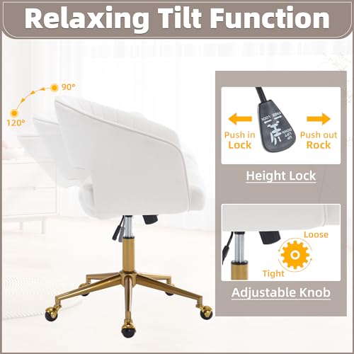 Desk Chair with Wheels, Gold Base, Velvet Accent Vanity Armchair, Off-White | Spacious‌ Soft Seat, Swivel Height Adjustable, Rocking Function, Modern Stripe for Girls &Women Bedroom Makeup or Nail - color: Off-white Cream Velvet