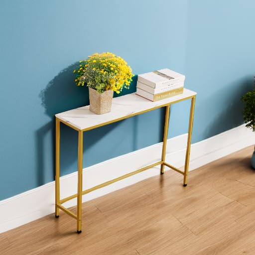 loglus Small Console Table for Entryway, Faux Marble MDF Sofa Table with Golden Frame, Single Layer, White Marble, 9.45" D x 38.19" W x 29.72" H - color: White Marble, style: Single Layer