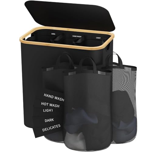 160L Laundry Hamper with Lid, 3 Section Laundry Basket with 3 Removable Bag | Clothes Hampers for Laundry with Bamboo Frame Handle, Large Dirty Clothes Hamper for Laundry Room, Bathroom, Bedroom, Black - color: Black, size: 160L