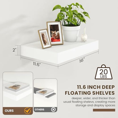 12 Inch Deep Floating Shelves, 16 Inch White Wall Shelves Set of 2 | Invisible Brackets, Engineered Wood, Mounting Hardware Included, 35LBS, Bathroom, Laundry Room, Kitchen, Living Room - color: White, size: 16W x 11.6D x 2H, 2 Pack