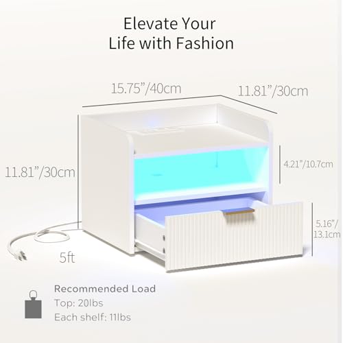 Veegle White Floating Nightstand with Charging Station and LED Lights (White) - color: White