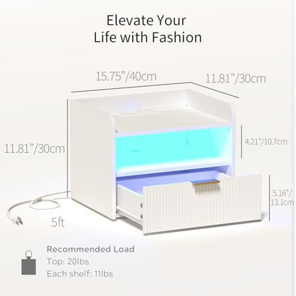 Veegle White Floating Nightstand with Charging Station and LED Lights (White) - color: White