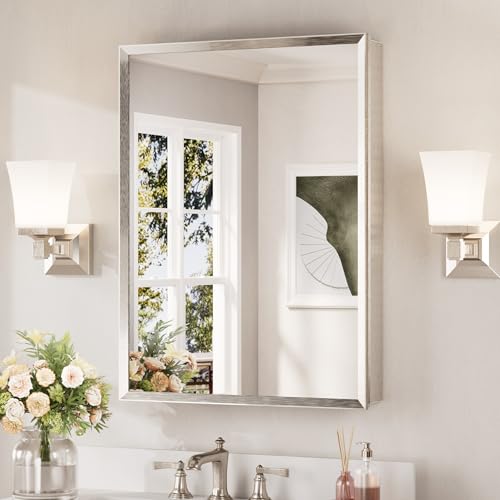 Keonjinn Brushed Nickel Bathroom Medicine Cabinet with Mirror 24 x 32 Inch | Assembly Needed, Stepless Adjustable Shelves, Aluminum Rust-Resistant, Surface Mount or Recessed Bathroom Mirror with Storage - color: Brushed Nickel, size: 24x32 In