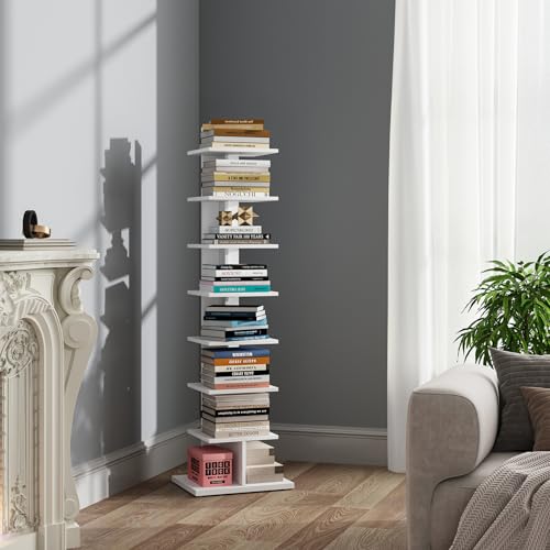 TUTOTAK Book Shelf, Narrow Spine Bookshelf, 8-Tier Bookcase for Small Space | 10.4 x 13.4 x 47.5 Inches Vertical Freestanding Corner Shelf for Living Room, Office, Study, Entryway, White BS06BW008 - color: White, size: 8 Tier