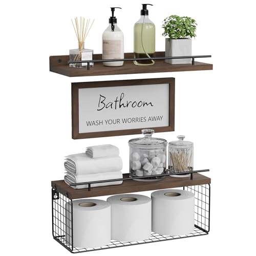 Floating Shelves for Wall Decor Sign, Bathroom Organizers and Storage, Bathroom Shelves Over Toilet with Metal Guardrail-Rustic Brown - color: Rustic Brown