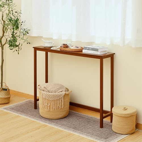 Bamboo Narrow Console Table, 39.4"(L) Wood Small Entryway Table, Accent Slim Hallway Tables, Thin Sofa Side Tables for Hallway, Living Room, Bedroom, Foyer, Walnut - color: Walnut