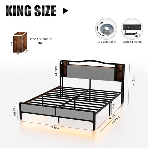 King Size Bed Frame with LED Lights & Charging Station | Upholstered Headboard & Footboard, No Box Spring Needed, Noise-Free Easy Assembly, Large Under Bed Storage - size: King