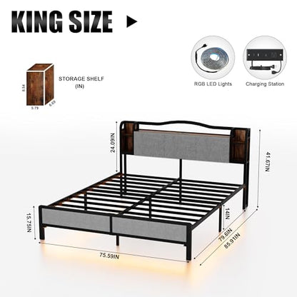 King Size Bed Frame with LED Lights & Charging Station | Upholstered Headboard & Footboard, No Box Spring Needed, Noise-Free Easy Assembly, Large Under Bed Storage - size: King