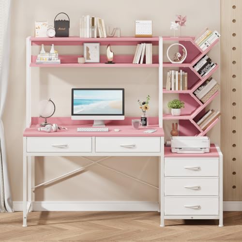 52" Computer Desk with Bookshelf, 5 Drawers ＆ Hutch for Bedroom | Pink Office Desk with Printer Shelf, Study Writing Desk with Storage Shelves - color: Pink