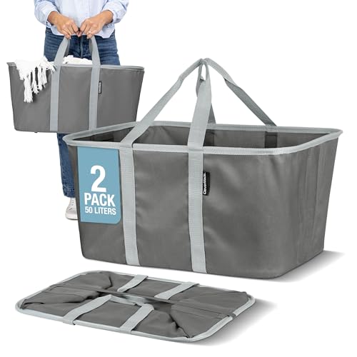 CleverMade Collapsible Laundry Tote, 50L Carry-All Tote, 2 Pack, Charcoal | Carry a Full Load with One Hand | Long Center Handles Balance 55 lb, While the Steel Rim Holds Shape and Folds Flat - color: Charcoal Gray