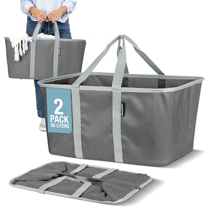CleverMade Collapsible Laundry Tote, 50L Carry-All Tote, 2 Pack, Charcoal | Carry a Full Load with One Hand | Long Center Handles Balance 55 lb, While the Steel Rim Holds Shape and Folds Flat - color: Charcoal Gray