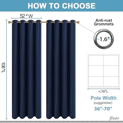 Diraysid Navy Blue Grommet Blackout Curtains for Bedroom Thermal Insulated Room Darkening Curtains Drapes, 52 x 108 inch, 2 Panels - color: Navy Blue, size: 52"W x 108"L (Pack of 2)