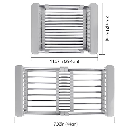 LUEXBOX Expandable Dish Drying Rack Over The Sink, Stainless Steel Drainer Basket with Adjustable Arms for Vegetable and Fruit (Grey) - color: Gray