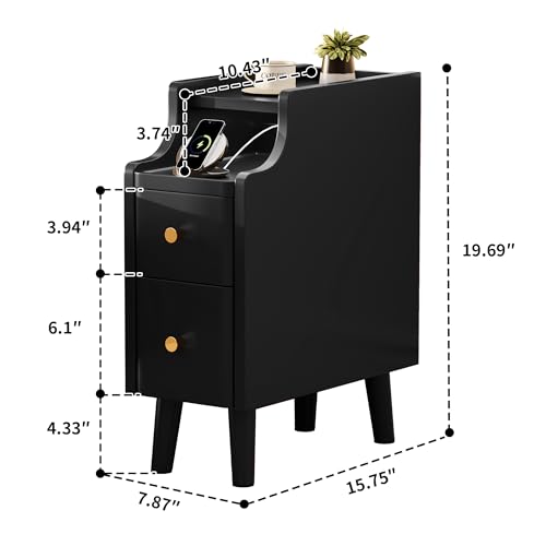 Narrow Nightstand with Drawers, 7.9" Solid Wood Side Table for Small Spaces, Small Bedside Table for Bedroom with Pull-Out Tray, Black - color: Black, size: 8"