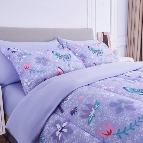 Kids Full Comforter Sets for Girls 8 Pieces Butterfly Purple Bedding Set for Teens Soft Microfiber Kids Bed in A Bag with Comforter, Sheet Set, Shams and Decorative Toy Pillow All Season - color: Butterfly, size: Full