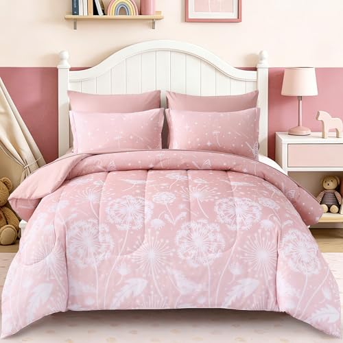 Dinjoy Girls Comforter Set 7 Pieces, Full Size Colorful Ombre Rainbow Bedding Set, Bed in A Bag for Kid Teen Girls (1 Comforter, 1 Flat Sheet, 1 Fitted Sheet, 2 Pillow Shams, 2 Pillowcases) - color: Light White Pink, size: Full