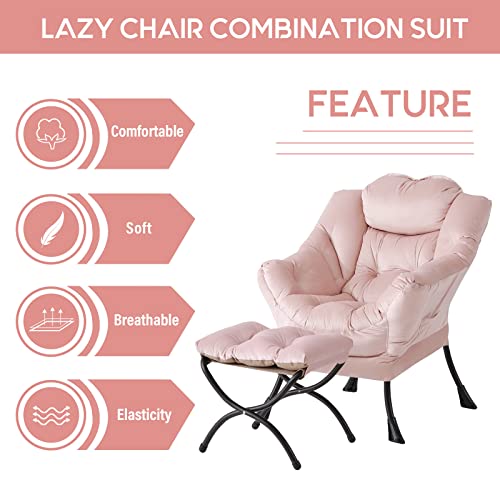 Lazy Chair with Ottoman, Comfy Accent Reading Chair, Velvet Pink | Foldable Footrest,Removable Cover,with Armrests and Side Pockets,Upholstered Lounge Chair for Bedroom,Dorm,Office,Small Space - color: Velvet Pink