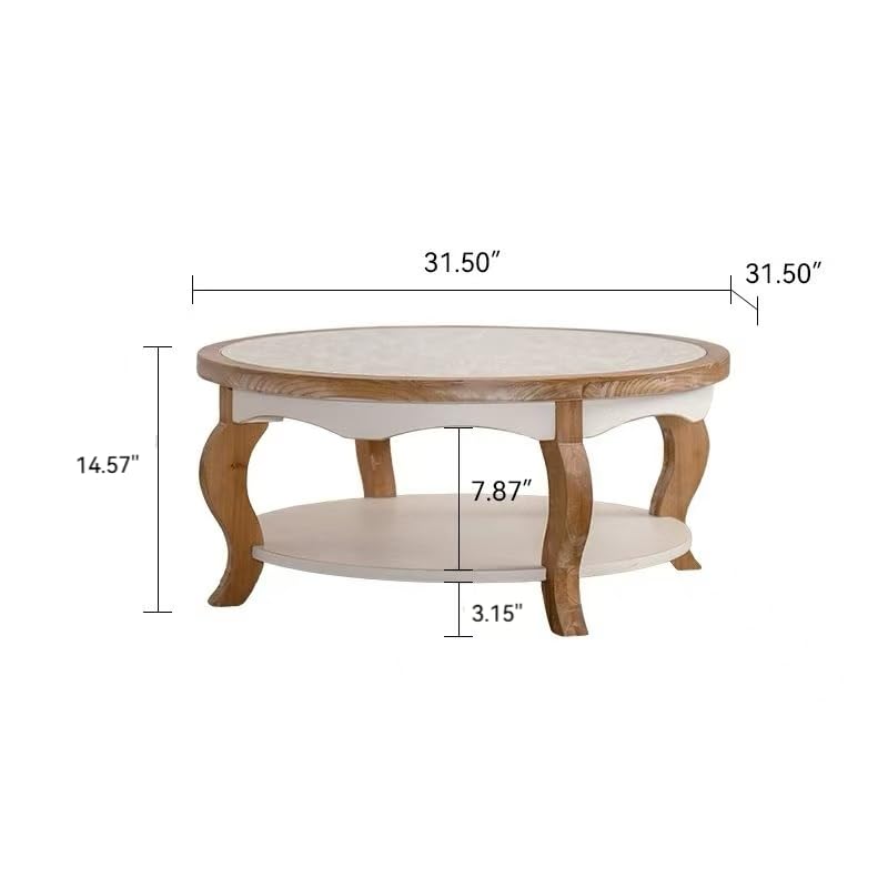 French Country Round Glass Coffee Table, 2-Tier Distressed Circle Storage Center Table with Curved Legs & Removeable Glasstop for Living Room - color: Antique White