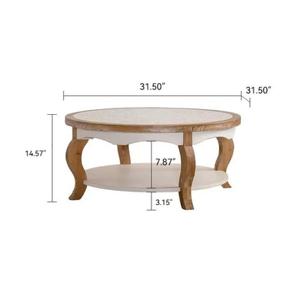 French Country Round Glass Coffee Table, 2-Tier Distressed Circle Storage Center Table with Curved Legs & Removeable Glasstop for Living Room - color: Antique White