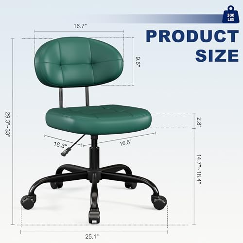 Misolant Vanity Chair with back, Small Armless Cute office Chair with wheels and Lumbar support, Comfy PU Leather Desk Computer Chairs with Adjustable Height, 360°Swivel for Home Bedroom Office, Green - color: Green