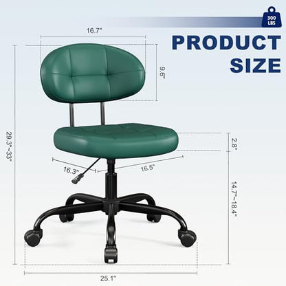 Misolant Vanity Chair with back, Small Armless Cute office Chair with wheels and Lumbar support, Comfy PU Leather Desk Computer Chairs with Adjustable Height, 360°Swivel for Home Bedroom Office, Green - color: Green