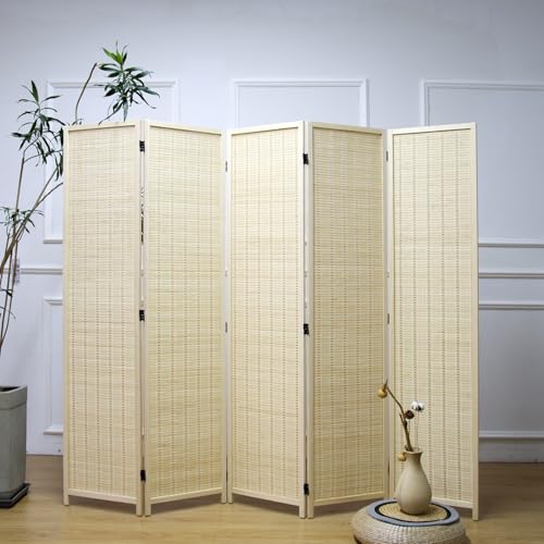 5 Panel Bamboo Room Divider – 5.6 ft Tall Folding Privacy Screen, Natural Beige Freestanding Room Partition Wall for Home Office (67" x 76.75", 5-Panel) - color: Beige, size: 5 Panel