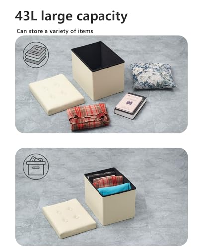 Bsketa Storage Ottoman, Folding Foot Stool with Thicker Foam Padded Seat Small Leather Storage Ottoman Bench Foot Rest for Living Room Foldable Coffee Table 17x13x13in,Beige | Ottoman with Storage, Thicker Foam Padded Seat, Living Room, Dorm, Bedroom, Loa
