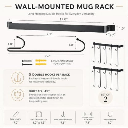17" Coffee Mug Hook Rack Wall Mounted Set of 2 | Black Metal Tea Cup Holder Hanger Organizer 10 Hooks, Kitchen Rail Utensil Rack for Dining Room Coffee Bar