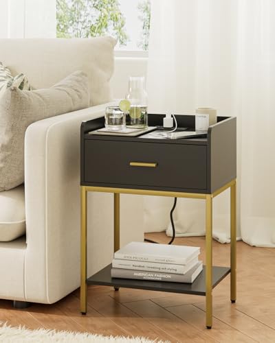 Masupu Nightstand with Charging Station,3-Tier Modern Bedside Night Stand with Storage Drawer and Shelf,Small End Side Table for Bedroom,Living Room,Gold and Black - color: Outlet-black
