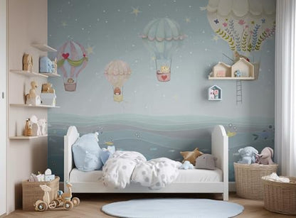ASJ Kids Nursery Peel and Stick Wallpaper Mural, Hot Air Balloon Bear Blue | Seamless edge-to-edge match. Ocean waves & fish dreamy artwork, 139x94 in, premium fabric, boys girls playroom. - color: Soft Blue, size: 139" x 94"