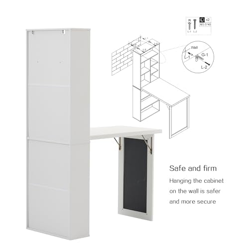 Folding Desk with Storage,Fold Out Convertible Wall Mounted Table,White | Space-Saving,Foldable Desk with Blackboard and Shelves, Multi-Function Desk Cabinet , Murphy Desk Home Office Workstation - color: White