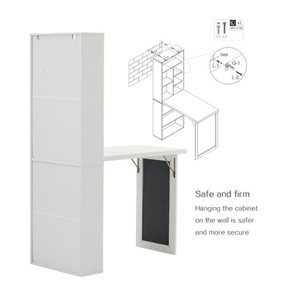 Folding Desk with Storage,Fold Out Convertible Wall Mounted Table,White | Space-Saving,Foldable Desk with Blackboard and Shelves, Multi-Function Desk Cabinet , Murphy Desk Home Office Workstation - color: White