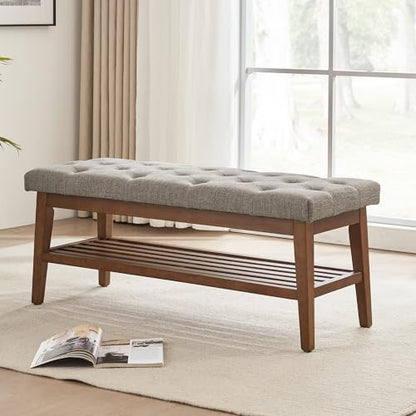 HUIMO Upholstered Entryway Shoe Bench, Button Tufted End of Bed Bench,Brown | with Solid Wood Slatted Shelf, Padded Ottoman Bench for Bedroom, Living Room, Entryway - color: Brown, style: French Country