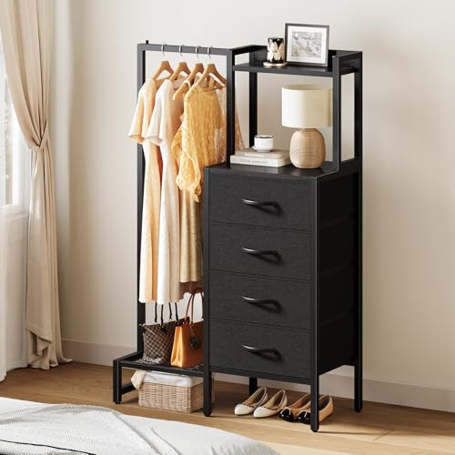 Yoobure Black Dresser with Hanging Rack - Small Closet with 4 Fabric Storage Drawers, 44" H Dresser with Clothes Rack, Chest of Drawer, Kids Dressers for Bedroom, Dorm, Living Room, Sturdy Frame - color: Black