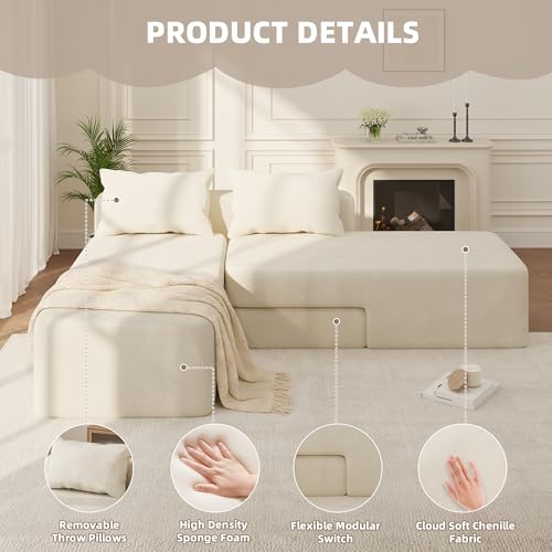 Boneless Sectional Couch, 4 in 1 Convertible Cloud Couch with Reversible Chaise & Deep Seat, Modular Sectional Sofa for Apartment, No Assembly Chenille Foam Couch in a Box, Beige - color: Beige, size: 89" Convertible Chaise Chenille