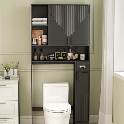 GOODONE Black Over The Toilet Storage Cabinet - with 3 Doors and Toilet Paper Holder Stand, FreeStanding, for Bathroom, Restroom, Laundry - color: Black