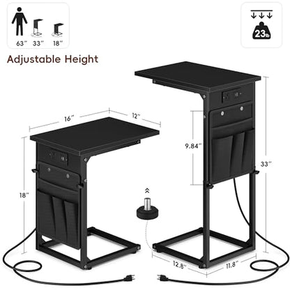 C Shaped End Table with Charging Station, Adjustable Height Side Table for Sofa, Couch Side Table for Small Spaces, Slide Under Sofa TV Tray Snack Arm Tables for Living Room, Bedroom, Black - color: Black, style: With Plug