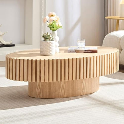 43.7'' Round Coffee Table for Living Room,Modern Handcraft Drum Coffee Table Wood Small Coffee Table with Sturdy Pedestal,Oak - color: Oak, size: 43.7"x24.8"x13.38"