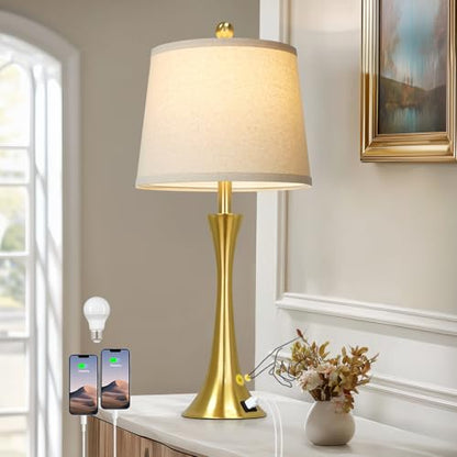 Rinweey 27.5" Gold Lamps for Living Room, Touch Control 3-Way Dimmable Bedside Nightstand Lamps Bedroom Lamp,Modern Gold Table Lamp with USB A+C Ports,Tall Lamps for Living Room End Table（1Pack） - color: Gold (1 Pack)