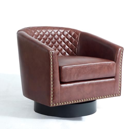 Faux Leather Swivel Accent Chair, Modern Barrel Club Chair, Red Brown | Comfy Living Room Chair, Modern Nailhead Trim Round Armchair Bedroom Reading Seat with Removable Cushion, Wood Frame - color: Red Brown
