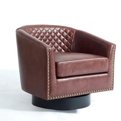 Faux Leather Swivel Accent Chair, Modern Barrel Club Chair, Red Brown | Comfy Living Room Chair, Modern Nailhead Trim Round Armchair Bedroom Reading Seat with Removable Cushion, Wood Frame - color: Red Brown